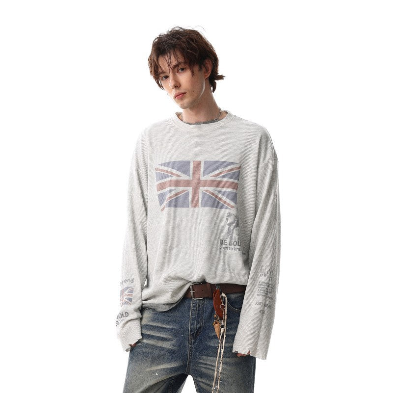 Waffle Texture Graphic Long Sleeve T-Shirt WN28018