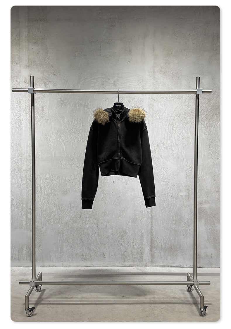 Fake Fur Lining Zip-Up Cropped Zipper Hoodie WN23115