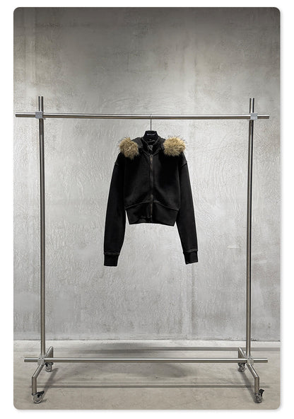 Fake Fur Lining Zip-Up Cropped Zipper Hoodie WN23115