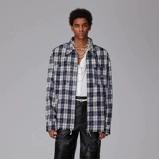 Rhinestone Plaid Drop Shoulder Zipper Jacket WN17799