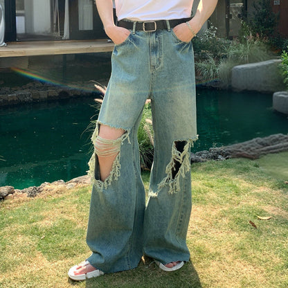 Fringe Damage Wide Leg Denim Jeans WN25024