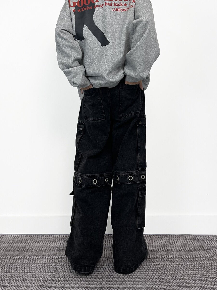 Multi Pocket Strap Detail Wide Leg Denim Jeans WN24289