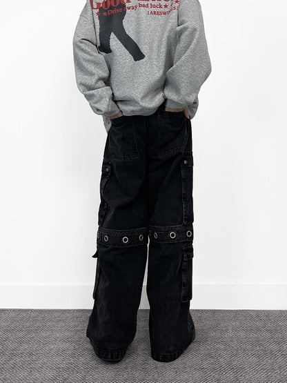 Multi Pocket Strap Detail Wide Leg Denim Jeans WN24289