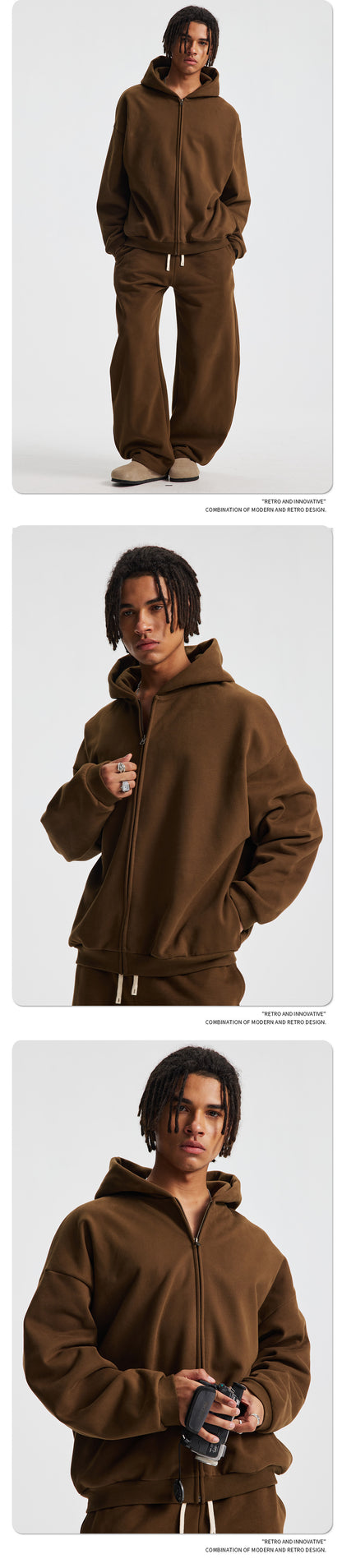 Fleece Lining Side Pocket Zipper Hoodie & Fleece Lining Wide Leg Sweatpants Setup WN23114