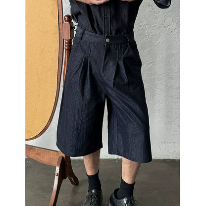 Washed Denim Short Sleeve Shirt & Wide Leg Denim Half Jeans Setup WN19956