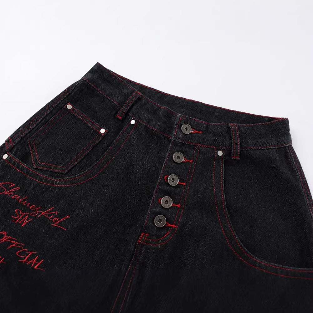 Dragon Embroidery Wide Leg Denim Jeans WN27934