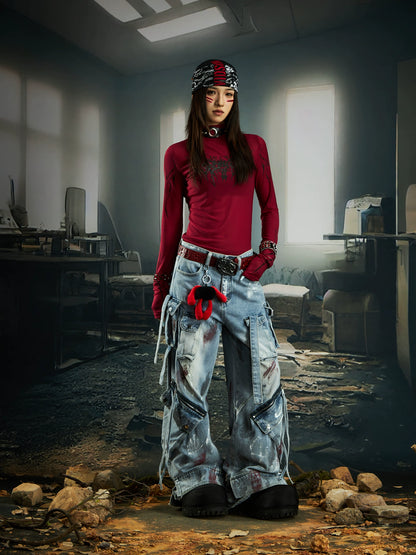 High Elastic Tight Gel Print High-Neck Long Sleeve T-Shirt WN20554