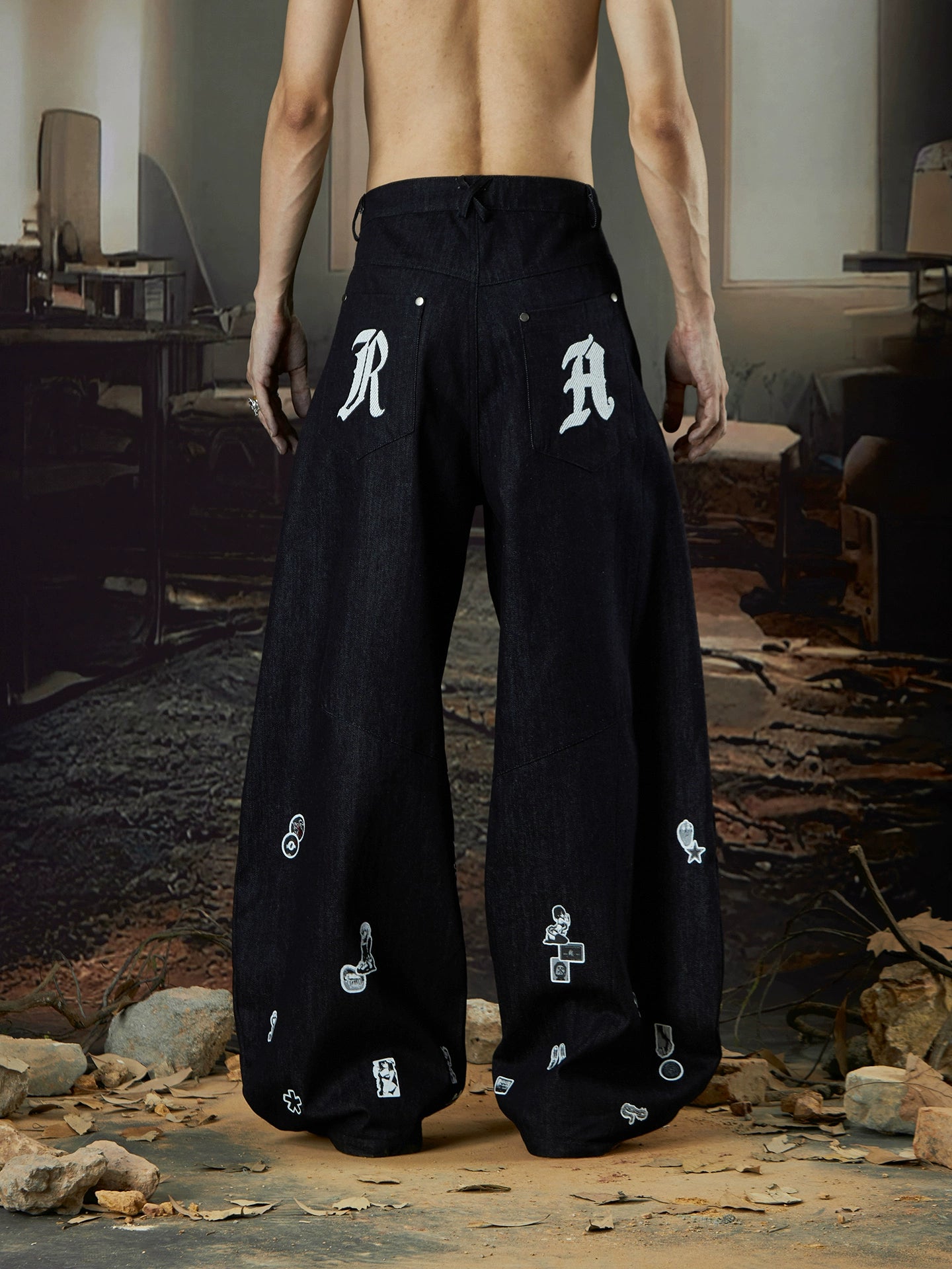 Fun Patch Embroidery Wide Leg Denim Jeans WN18424