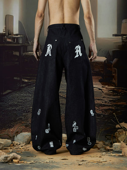 Fun Patch Embroidery Wide Leg Denim Jeans WN18424