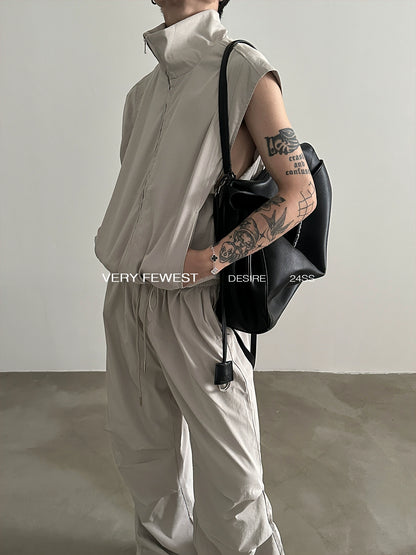 Stand Neck Sporty Vest & Pleated Wide Leg Pants Setup WN8893