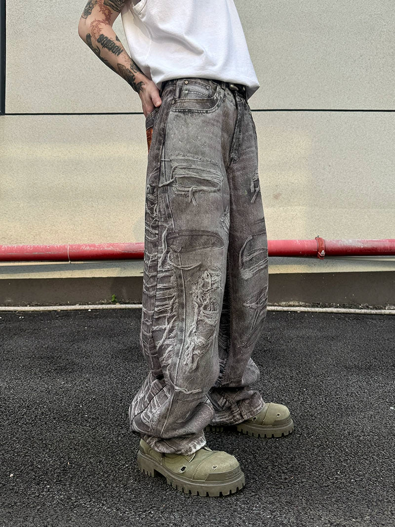 3D Print Damage Wide Leg Denim Jeans WN21156