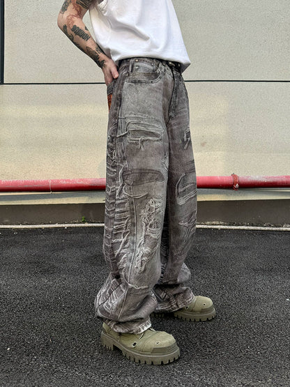 3D Print Damage Wide Leg Denim Jeans WN21156