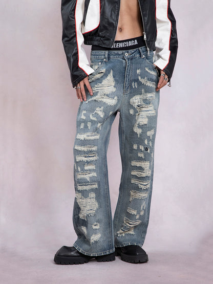 Damage Straight Leg Denim Jeans WN9329