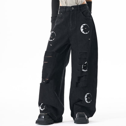 Ripped Circle Print Wide Leg Denim Jeans WN27892