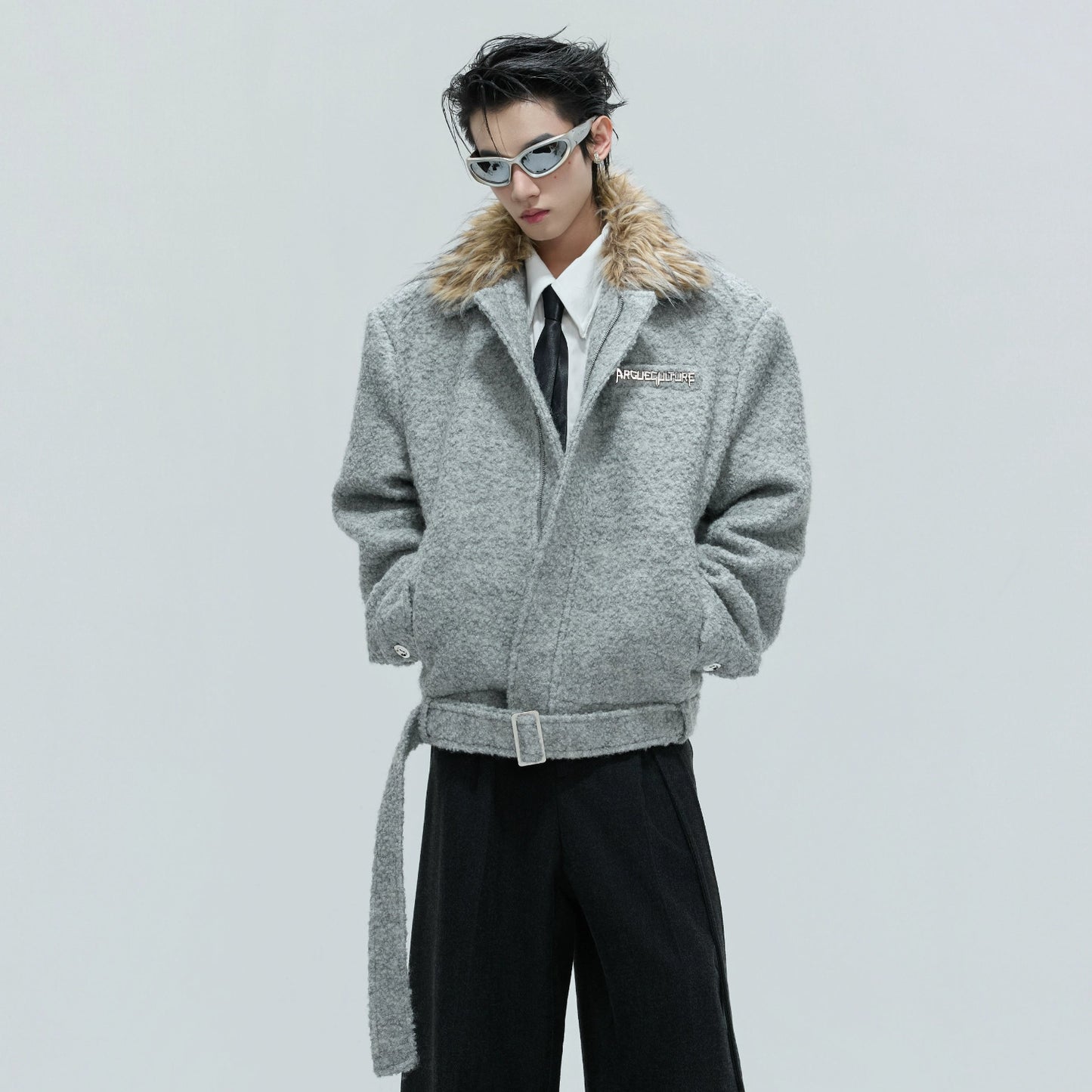 Detachable Fake Fur Collar Textured Thick Wool Short Jacket WN21734