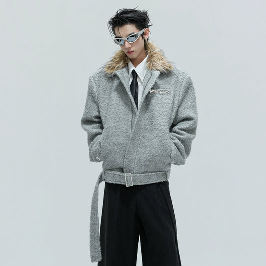 Detachable Fake Fur Collar Textured Thick Wool Short Jacket WN21734