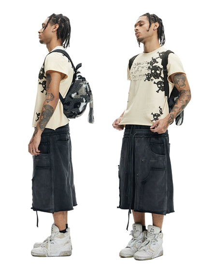 Deconstructed Double Waist Washed Wide Leg Half Sweatpants WN17032