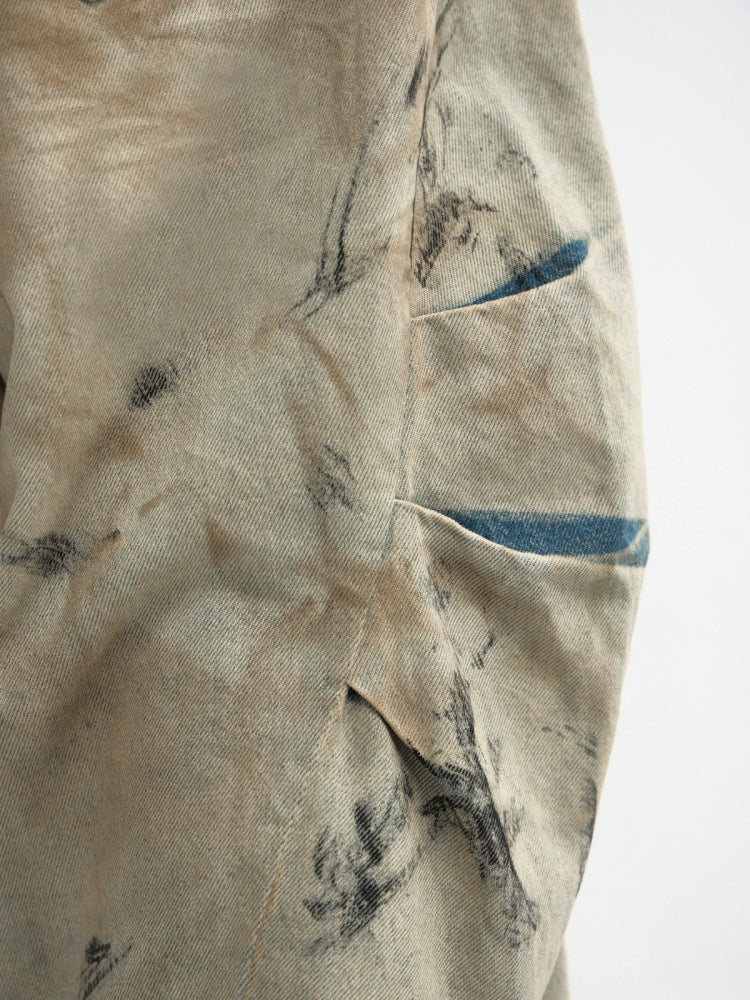 Mud Dye Heavy Wash Wide Leg Curved Hem Denim Jeans WN18178