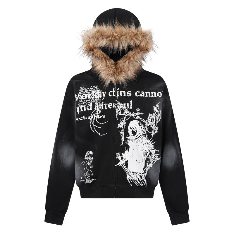 Fake Fur Collar Heavyweight Oversize Zipper Hoodie WN24276