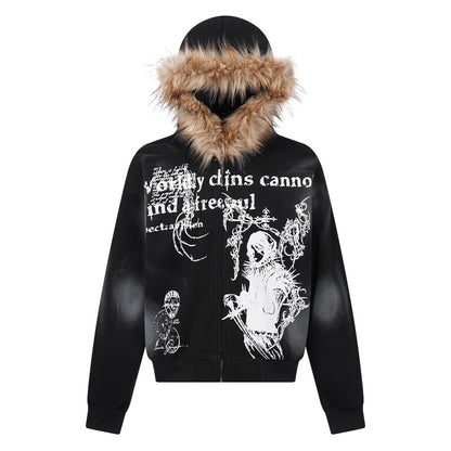 Fake Fur Collar Heavyweight Oversize Zipper Hoodie WN24276