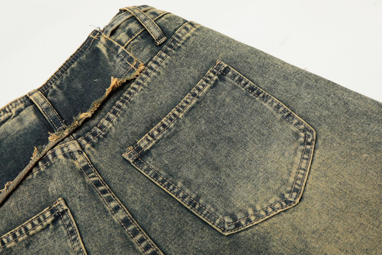 Washed Frayed Wide Leg Straight Denim Jeans WN23039