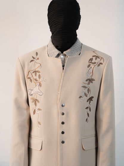 Floral Embroidery Tailored Jacket & Side Slits Wide-Leg Trousers Setup WN23635