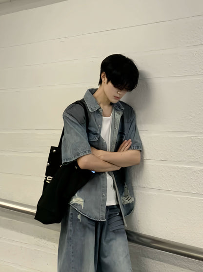 Washed Damage Deconstructed  Denim Jacket &  Damage Wide Leg Denim Jeans Setup WN19814