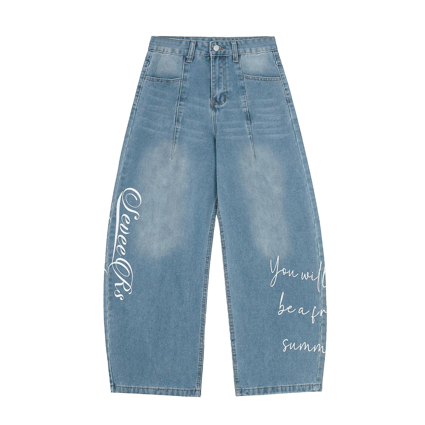 Washed Letter Print Wide Leg Denim Jeans WN25563