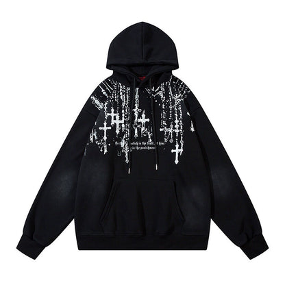 Cross Print Fleece Linning Oversize Pullover Hoodie WN10934