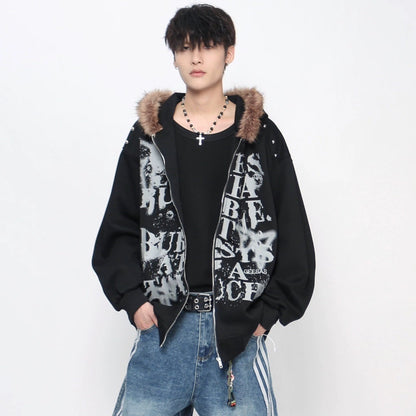 Graffiti Print Fake Fur Collar Zipper Hoodie WN21026