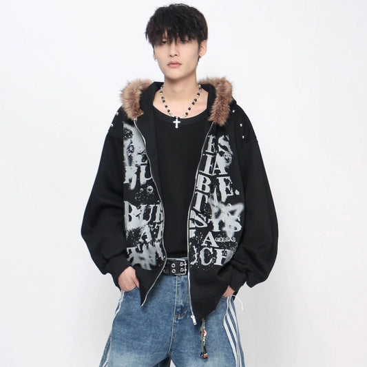 Graffiti Print Fake Fur Collar Zipper Hoodie WN21026