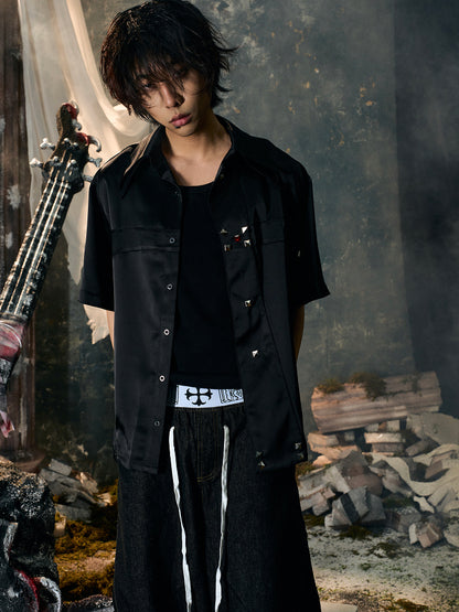 Cross Satin Design Studs Short Sleeve Shirt WN15866