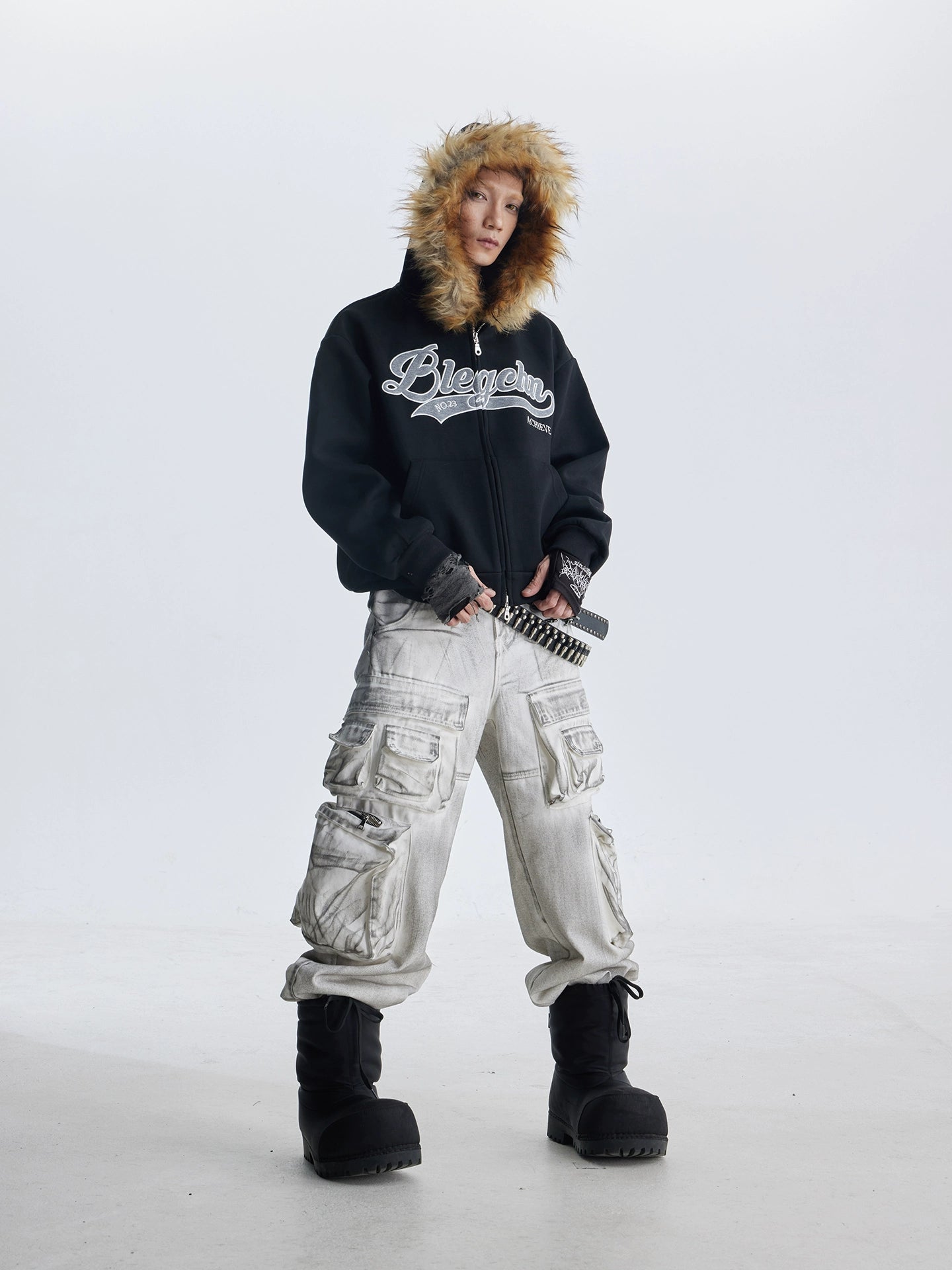 Fake Fur Design Embroidery Letter Oversize Zipper Hoodie WN20822