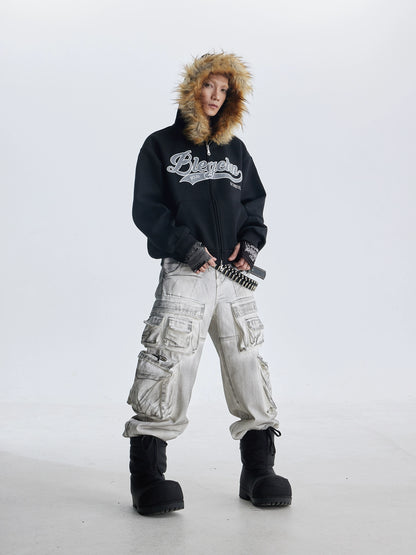Fake Fur Design Embroidery Letter Oversize Zipper Hoodie WN20822
