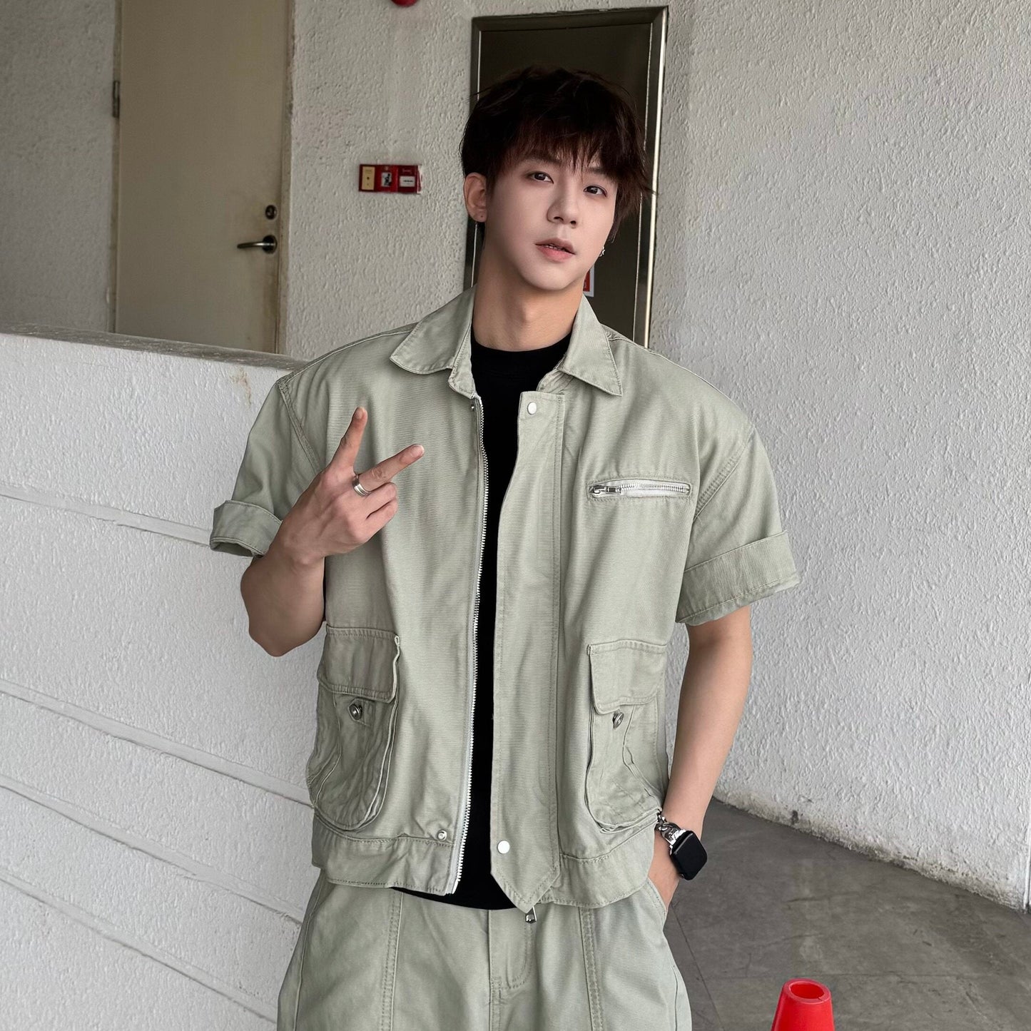 Short Sleeve Jacket & Wide Leg Cargo Pants Setup WN25320