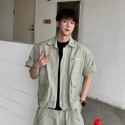 Short Sleeve Jacket & Wide Leg Cargo Pants Setup WN25320