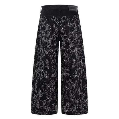 All-Over Embroidery Washed Wide Leg Denim Jeans WN27835