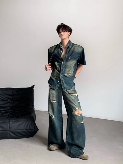 Washed Damage Wide Leg Denim Jeans & Denim Jacket Setup WN20087