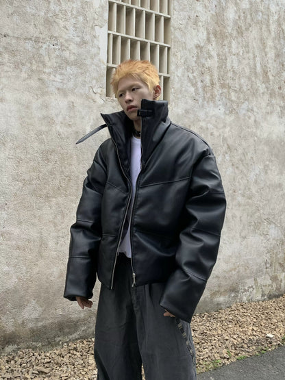 Stand Neck Short Thick PU Leather Puffer Jacket WN22233