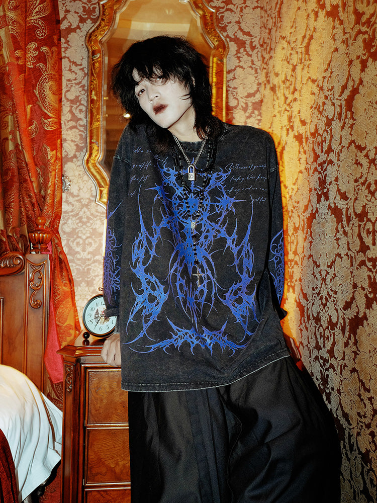 Totem Rock Design Oversize Washed Long Sleeve T-Shirt WN15899