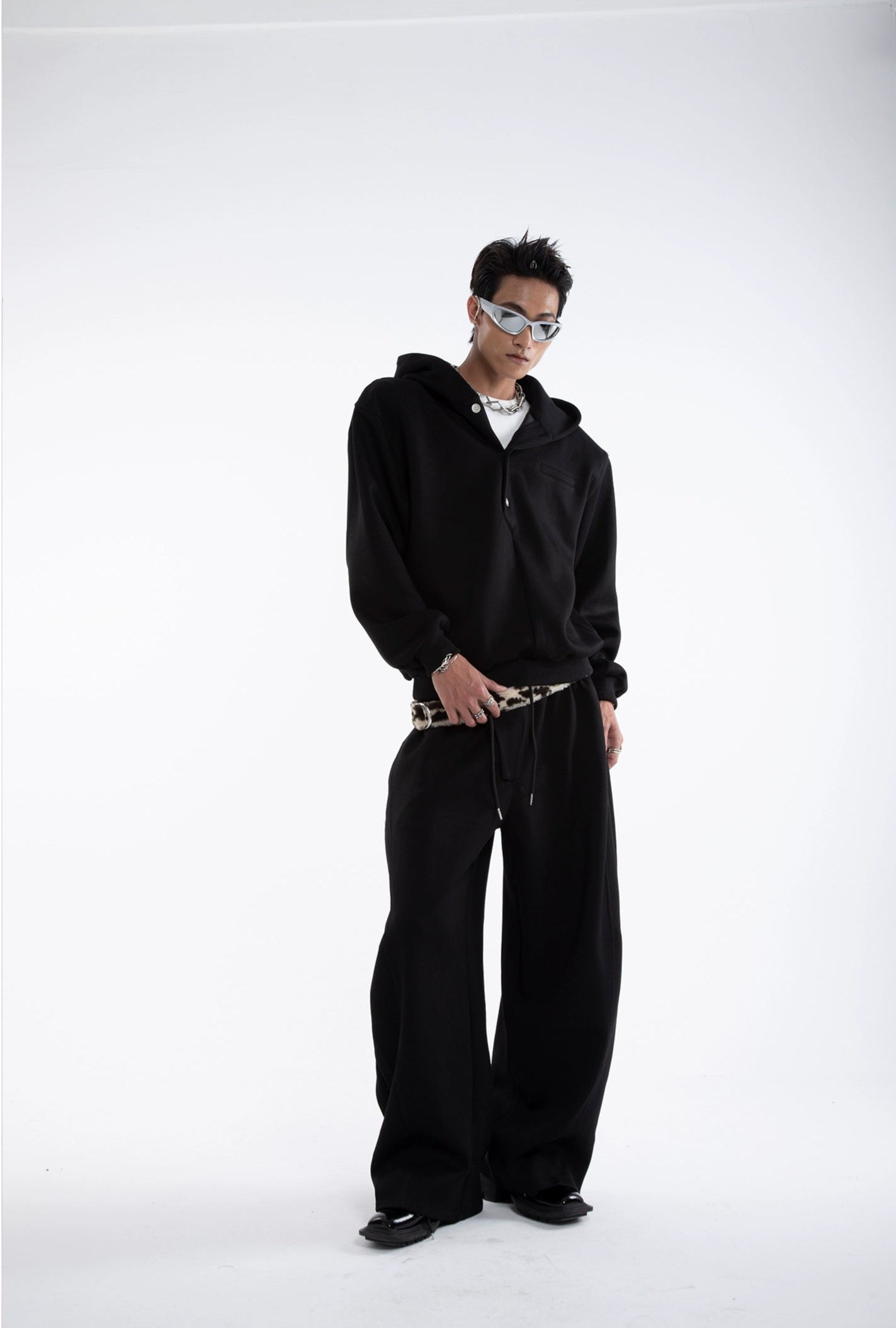 Multi-Button Zipper Hoodie & Wide Leg Sweatpants Setup WN20645