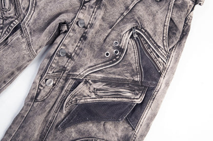 Double Waist Washed Panel Detail Wide Leg Denim Jeans WN27973
