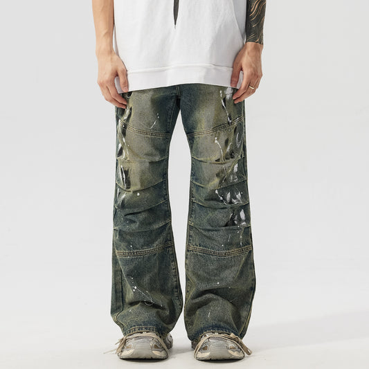 Graffiti Paint Wrinkle Stacked Micro Flare Denim Jeans WN17461
