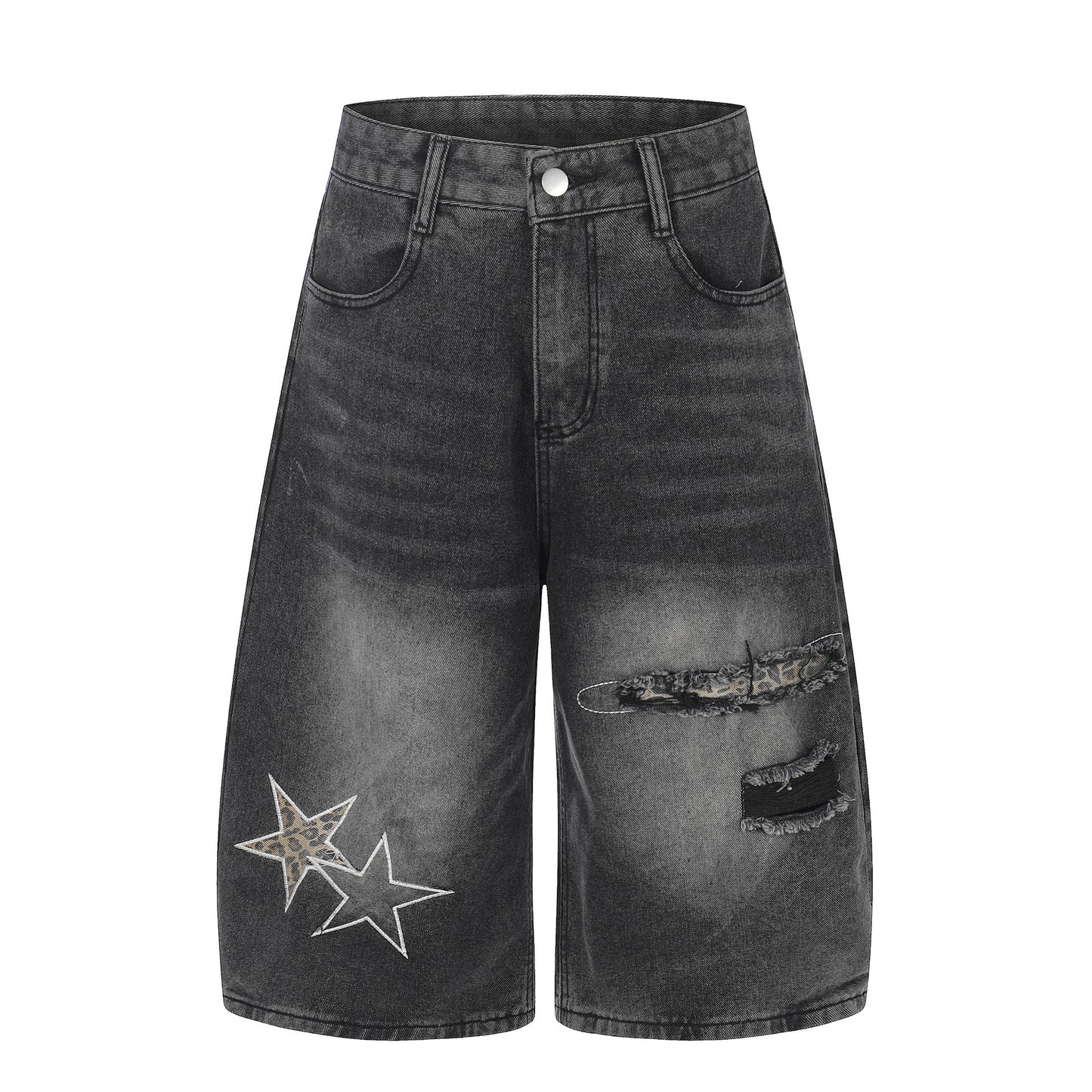 Star Patch Embroidery Curved Denim Half Pants WN25717