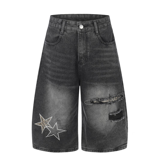 Star Patch Embroidery Curved Denim Half Pants WN25717