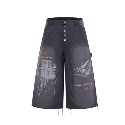 Denim Graffiti Damage Wide Leg Half Pants WN25658