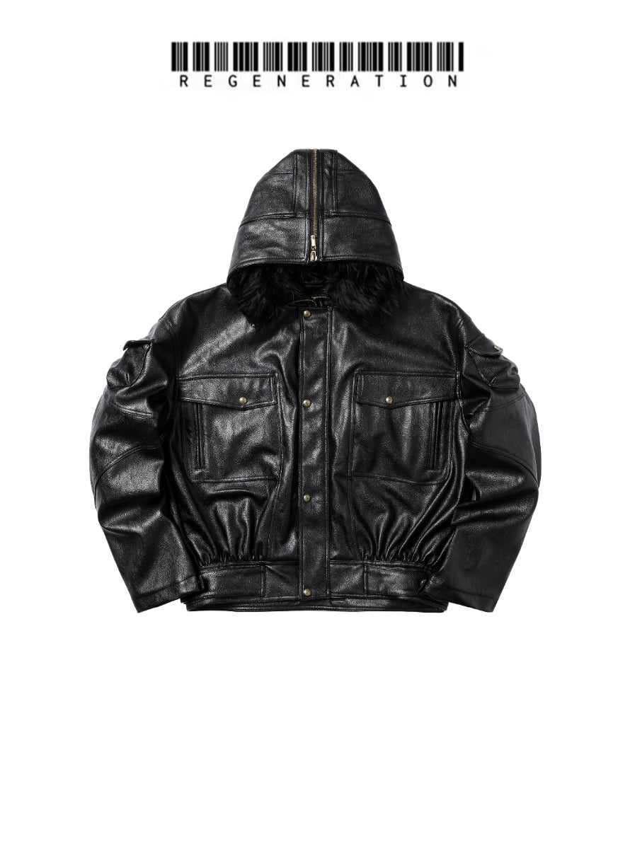 Waxed Crinkle Zipper Detachable Hooded Jacket WN19693