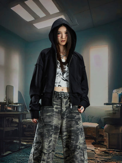 Fringe Deconstructed Patchwork Short Zipper Hoodie WN20583