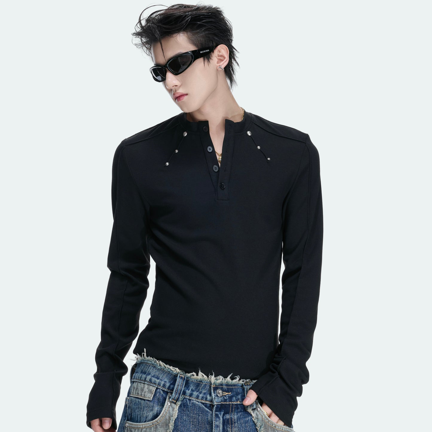 Henley Neck Rivet Stretch Long Sleeve T-Shirt WN27046