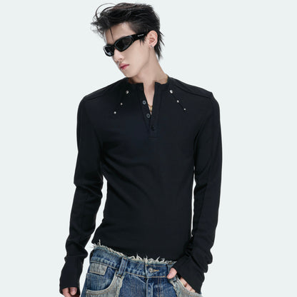 Henley Neck Rivet Stretch Long Sleeve T-Shirt WN27046